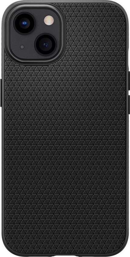 Achterkant van zwart Spigen Liquid Air iPhone 13 hoesje met driehoekig patroon.