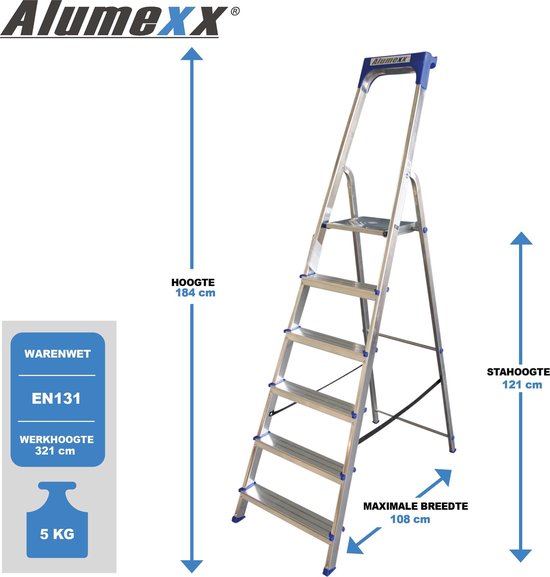 Overzicht van Alumexx huishoudtrap met 6 treden: 184cm hoog, 121cm werkhoogte, 108cm breed, 5kg.