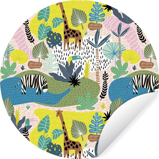 Papier Peint Cercle - Jungle - Animaux - Plantes - Couleurs - 80x80 cm