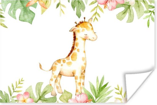 Poster Giraffe - Jungle - Bloemen - Waterverf