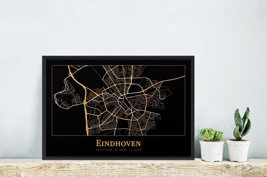 Fotolijst incl. Poster - Kaart - Eindhoven - Goud - Zwart - 60x40 cm - Posterlijst