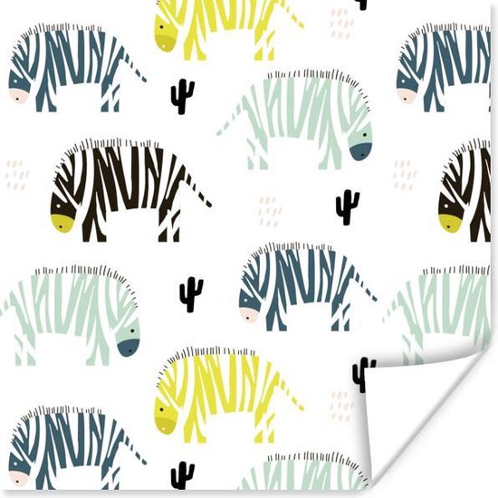 Poster Zebra - Cactus - Wit - 100x100 cm XXL