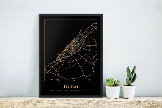 Fotolijst incl. Poster - Kaart - Dubai - Goud - Zwart - 20x30 cm - Posterlijst