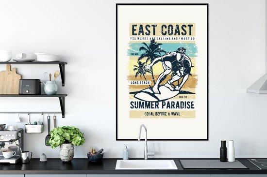 Cadre photo avec affiche - Planche de surf - Mer - Plage - Vintage - 60x90 cm - Cadre pour affiche