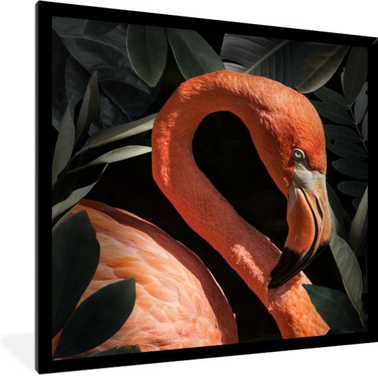Fotolijst incl. Poster - Flamingo - Bladeren - Portret - Botanisch - 40x40 cm - Posterlijst