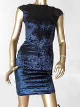 jurk jurken-Dames- galajurkje- fluweel uiterlijk- strak passend-korte mouw- ronde hals- valt boven de knie- met lange onopvallende rits-kleur blauw