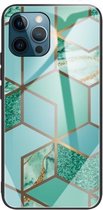 Abstracte marmeren patroon glazen beschermhoes voor iPhone 13 Pro Max (ruitgroen)
