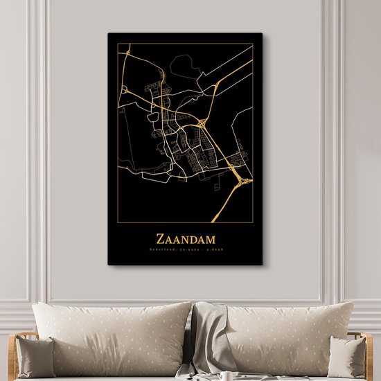 Toile Peinture Carte - Zaandam - Or - Zwart - 120x180 cm - Décoration murale XXL