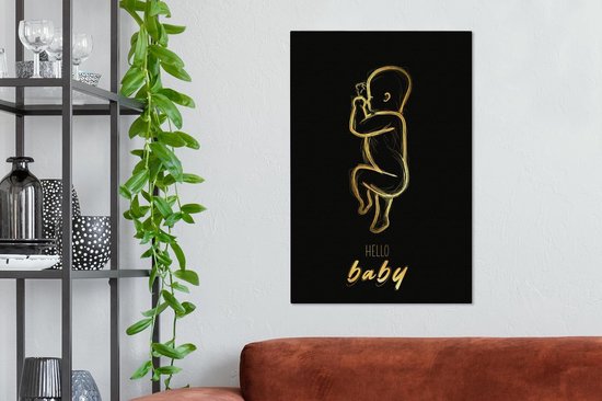 Canvas Schilderij Hello baby - Quotes - Goud - Geboorte - Spreuken - 60x90 cm - Wanddecoratie