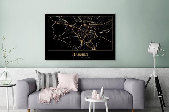 Peinture sur Toile Carte - Hasselt - Zwart - Or - 120x80 cm - Décoration murale