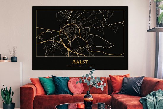 Toile Peinture Carte - Alost - Zwart - Or - 180x120 cm - Décoration murale XXL