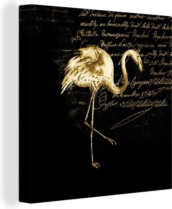 Canvas Schilderij Flamingo - Goud - Letters - 50x50 cm - Wanddecoratie