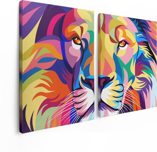 Artaza - Peinture sur toile Diptyque - Lion coloré - Tête de lion - Abstrait - 120x80 - Photo sur toile - Impression sur toile