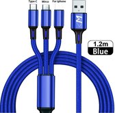 3 in 1 - Multi Kabel - Gevlochten 2.4A – Data + Oplaadkabel - Apple Lightning/USB-C/Micro USB - 1.2 Meter - Blauw - Wilsem ®