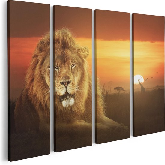 Artaza - Quadriptyque de peinture sur toile - Lion dans la savane - Coucher de soleil - 80x60 - Photo sur toile - Impression sur toile