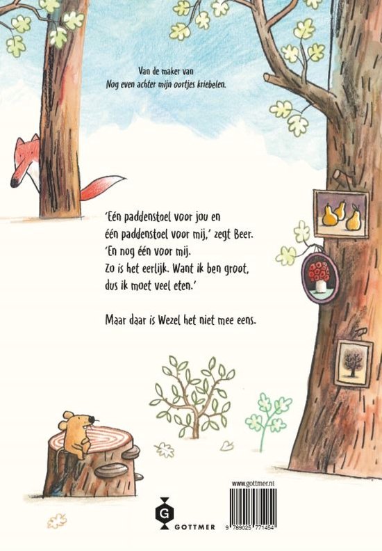 Achterflap van het boek 'Eén voor jou, twee voor mij'. Een vos kijkt vanuit een boom, een beer zit op een boomstronk.