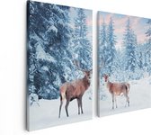 Artaza Canvas Schilderij Tweeluik Twee Herten In Het Bos Met Sneeuw - 80x60 - Foto Op Canvas - Canvas Print