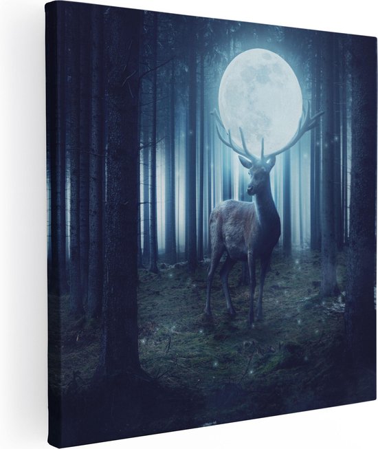 Artaza Canvas Schilderij Hert In Het Bos Tijdens Volle Maan - 70x70 - Foto Op Canvas - Canvas Print