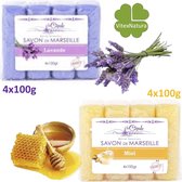 Marseille zeep glycerine lavendel zeep 4x100g, glycerine honing zeep 4x100g.