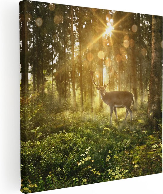 Artaza - Peinture sur toile - Cerf dans la forêt avec soleil - 90 x 90 - Groot - Photo sur toile - Impression sur toile