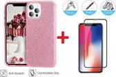 2-In-1 Screenprotector Glitter Hoesje Bescherming Protector Set Geschikt Voor Apple iPhone 12 Pro Max - Full Cover 3D Edge Tempered Glass Screen Protector Met Siliconen Back Bescherm Hoes Cov