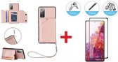 2-in-1 PU Lederen Wallet Hoesje Met Full Cover Tempered Glass Screen Protector Geschikt Voor Samsung Galaxy S21 FE 5G (S21FE Fan Edition) - Portemonnee Back Kaarthouder Card Case P