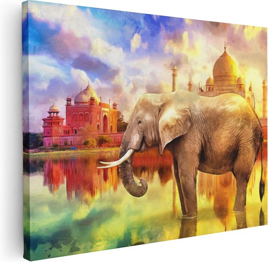 Artaza Canvas Schilderij Getekende Olifant Bij Taj Mahal - Abstract - 80x60 - Foto Op Canvas - Canvas Print