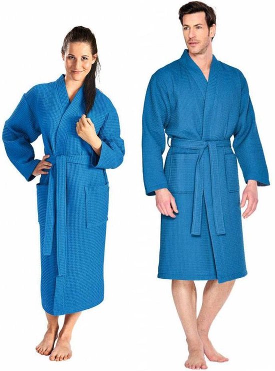 Wafel badjas voor sauna kobalt L - sauna badjas unisex - biologisch katoen - wafel badjas katoen