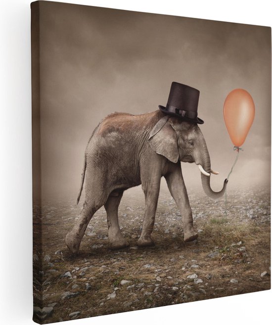 Artaza - Peinture sur toile - Éléphant avec un Ballon Oranje - Chapeau - 30 x 30 - Klein - Photo sur toile - Impression sur toile