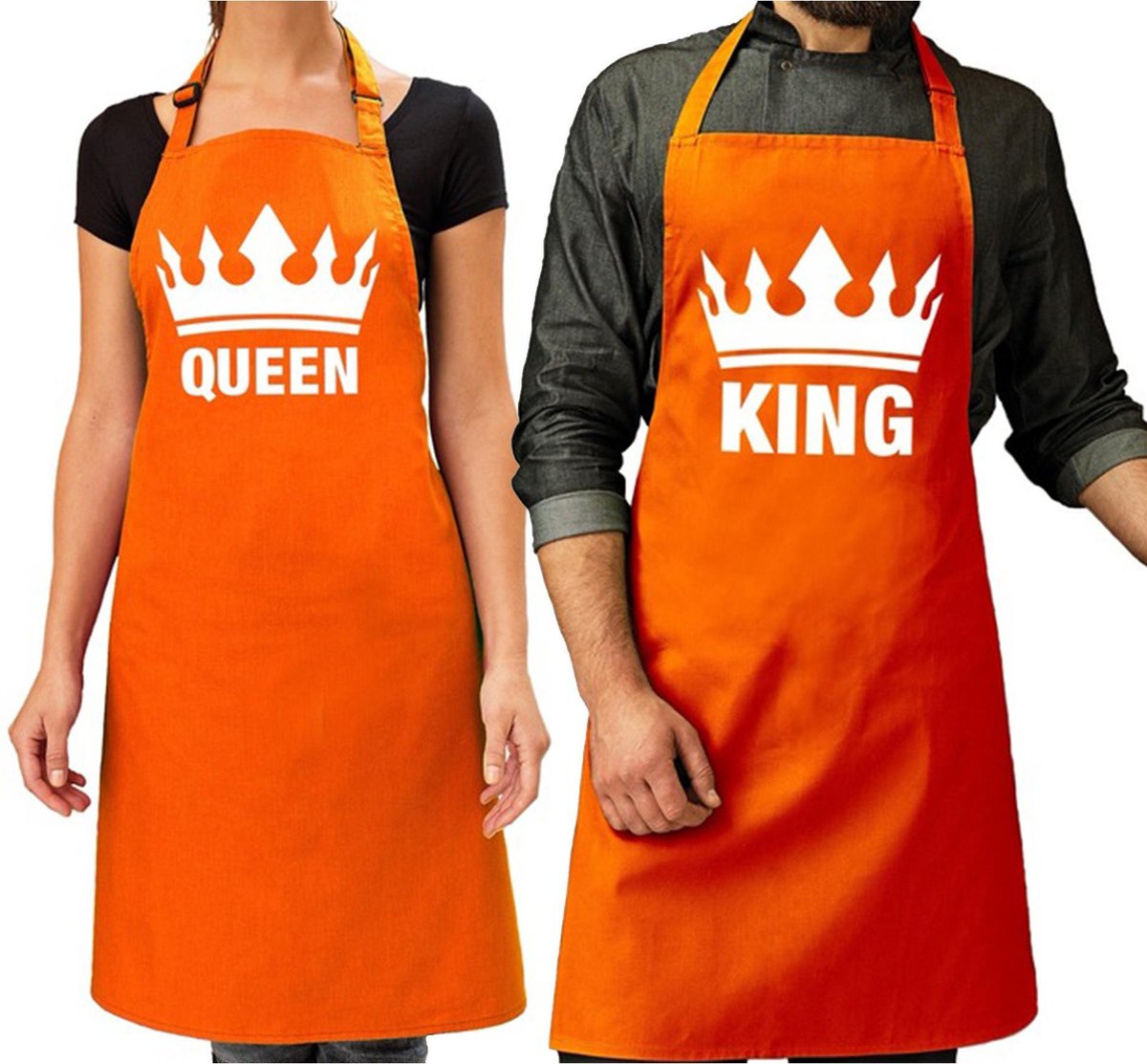 Koppel cadeau set: 1x King keukenschort oranje heren + 1x Queen keukenschort oranje dames