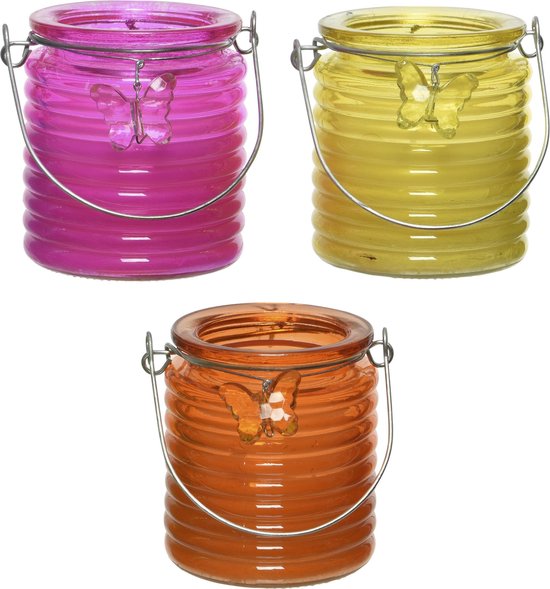 Set van 3x stuks citronella anti muggen kaarsen windlicht roze, geel en oranje 20 branduren