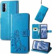 Voor OPPO Realme V15 5G Vier-blad sluiting Reliëf Gesp Mobiele Telefoon Bescherming Lederen Case met Lanyard & Kaartsleuf & Portemonnee & Beugel Functie (Blauw)