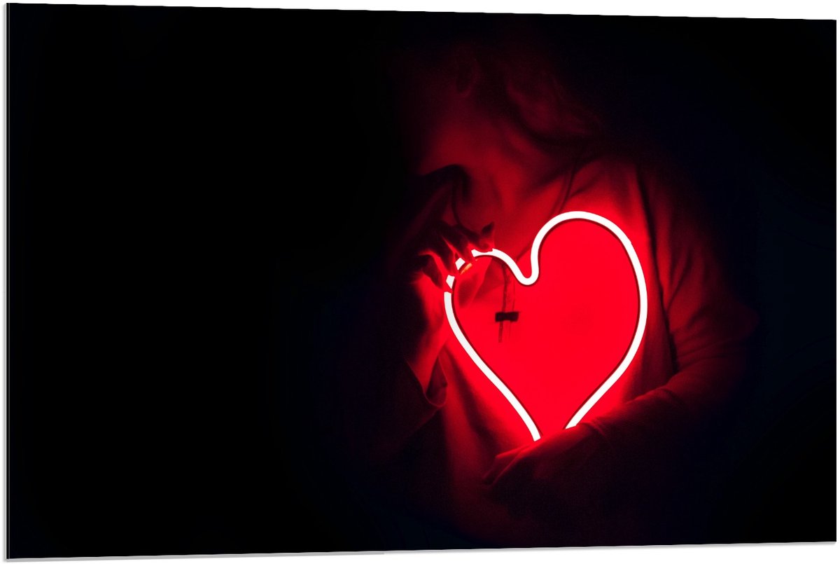KuijsFotoprint Dibond - Rood Lichtgevend Hartje - 90x60cm Foto op Aluminium (Met Ophangsysteem)