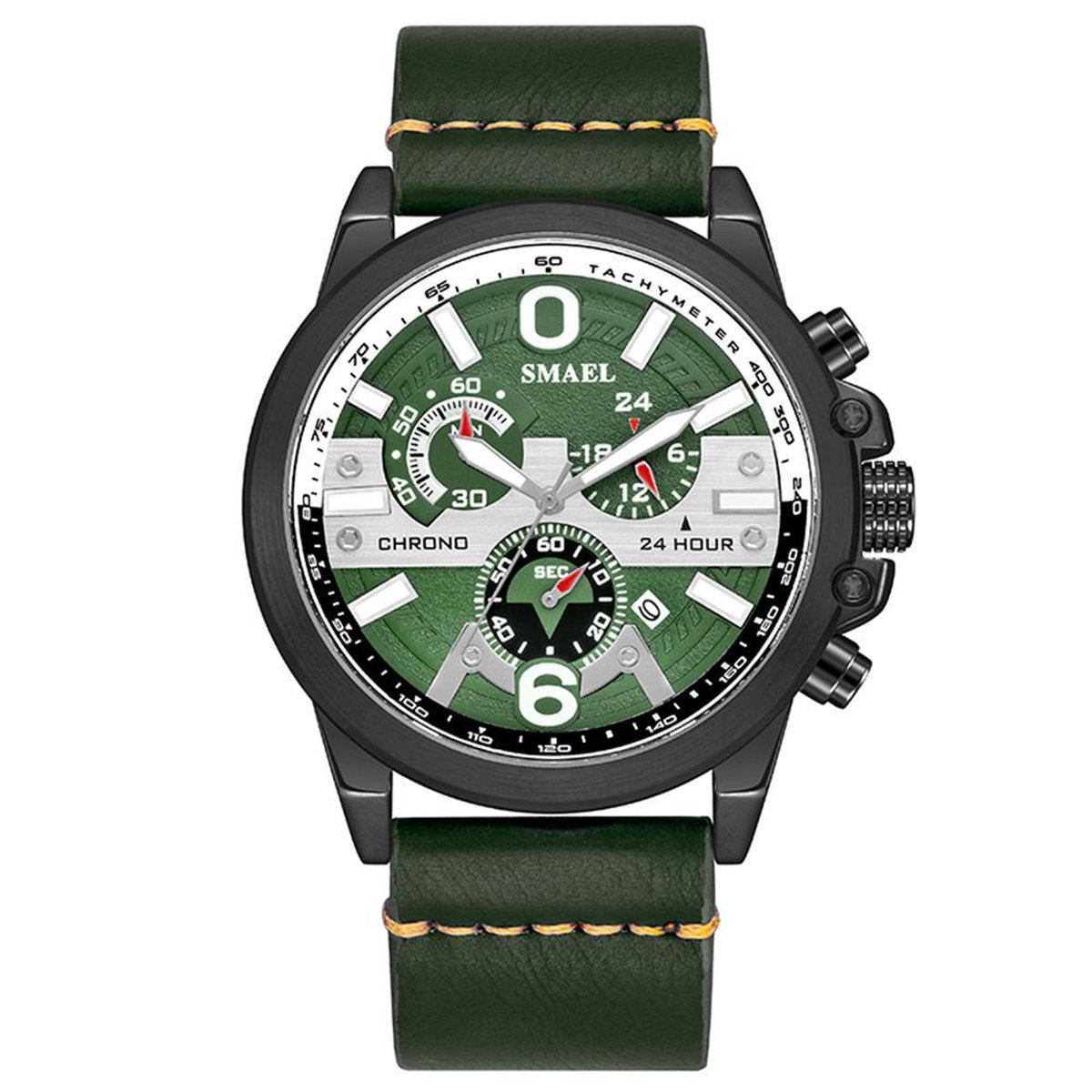 Chronograaf Heren Horloge (47mm diameter) Zwarte staalkast Groene Leder band | Rode details | Casual-style | SMAEL 9010A44 | Waterdicht |Analoog |Stopwatch | Mud | Shock bestendig| Leger | Leer | Lerenband | Timer | Master