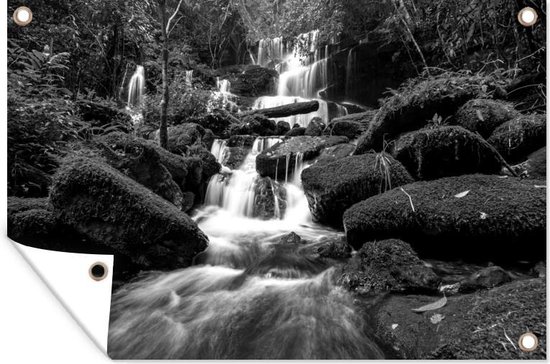 Tuinposter - Tuindoek - Tuinposters buiten - Waterval in het bos - zwart wit - 120x80 cm - Tuin