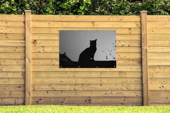 Affiche jardin - Toile Posters de jardin extérieur - Silhouette de chat - noir et blanc - 120x80 cm - Jardin