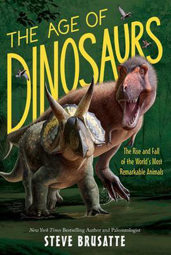 Boek met de titel 'The Age of Dinosaurs'. Een Triceratops en een Tyrannosaurus Rex staan tegenover elkaar in een bosrijke omgeving.