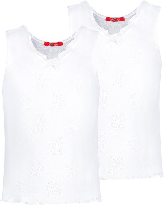 Exclusief Luxueus Kinder nachtkleding Hanssop, Meisjes, Katoenen ondergoed hemden set, twee super zachte witte hemden gemaakt in een verfijnd lief roosjes ajour katoen met een bijpassend wit velours strikje, maat 104
