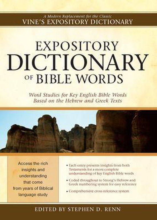 Boekcover voor Expository Dictionary of Bible Words, met tekst en een afbeelding van rotsen.