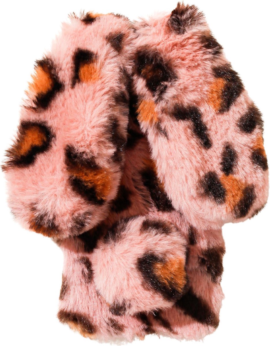 Casies Bunny telefoonhoesje - Geschikt voor Apple iPhone X & Xs - Panterprint roze - konijnen hoesje soft case - Pluche / Fluffy