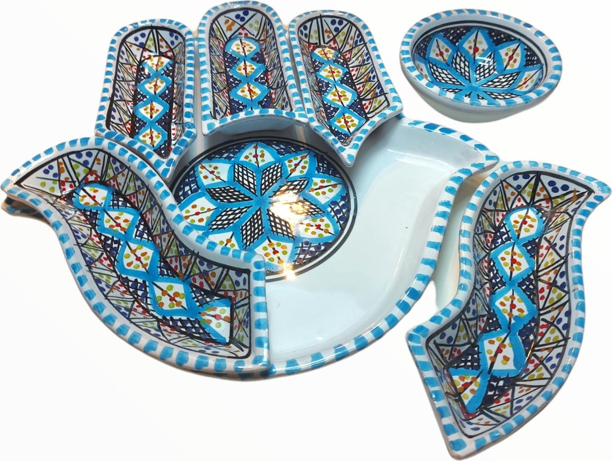 HappyWoods - dipping en serveerset - aardewerk en handgemaakt - 7-delige hand van Fatima (KHOMSA) - Duurzaam Cadeau - Tafelen - Origineel Cadeau