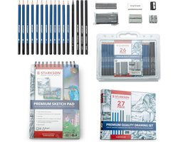 STARKSØN 27-Delige Teken Doos Set Incl. Schets Potloden, Houtskool, Grafiet & Accessoires - Voor Volwassenen & Kinderen