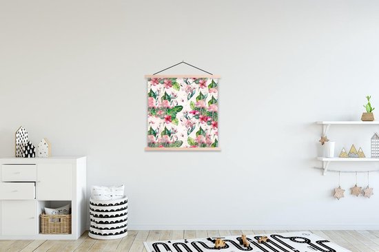 Posterhanger incl. Poster 60x60 cm - Schoolplaat - Flamingo - Bloemen - Bladeren - Krant - Textielposter - Blanke latten