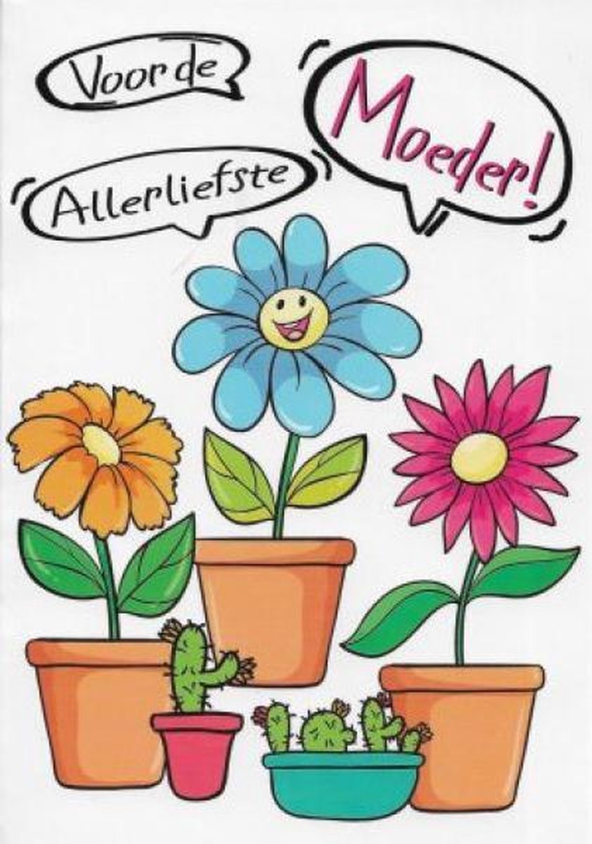 Voor de allerliefste moeder! Een bijzondere wenskaart met drie fleurige bloemen in diverse kleuren en twee bloembakken met cactussen. Een dubbele wenskaart inclusief envelop en in folie verpakt.