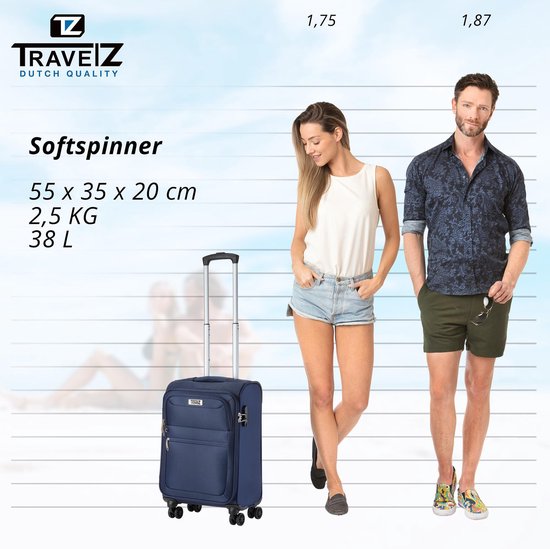 TravelZ Softspinner Zachte Handbagage koffer 55cm met TSA-slot - 38 Ltr Reiskoffer met voorvak – Blauw - Travelz