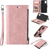 Voor Samsung Galaxy A51 5G Side Zipper Back Card Horizontale Flip PU Leather Case met Kaartsleuven & Portemonnee & Fotolijst & Lanyard (Roze)