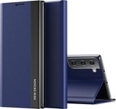 Voor Samsung Galaxy S21 FE Side gegalvaniseerde magnetische ultradunne horizontale flip lederen tas met houder (donkerblauw)