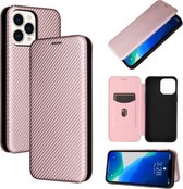 Koolstofvezeltextuur Magnetische horizontale flip TPU + pc + PU-lederen hoes met kaartsleuf voor iPhone 13 Pro (roze)