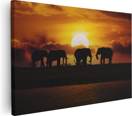 Artaza Canvas Schilderij Silhouet Olifanten Tijdens Zonsondergang - 120x80 - Groot - Foto Op Canvas - Wanddecoratie Woonkamer