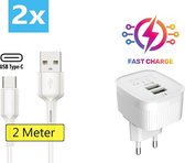 PowerPort 24W Thuislader met 2x USB-C Kabel 2M - Oplader Stekker Adapter met 2 USB Poorten - Geschikt voor Prestigio Multipad 2/3/4/7/8/9.7/Note/Visconte/Ultimate/Prime/Quantum